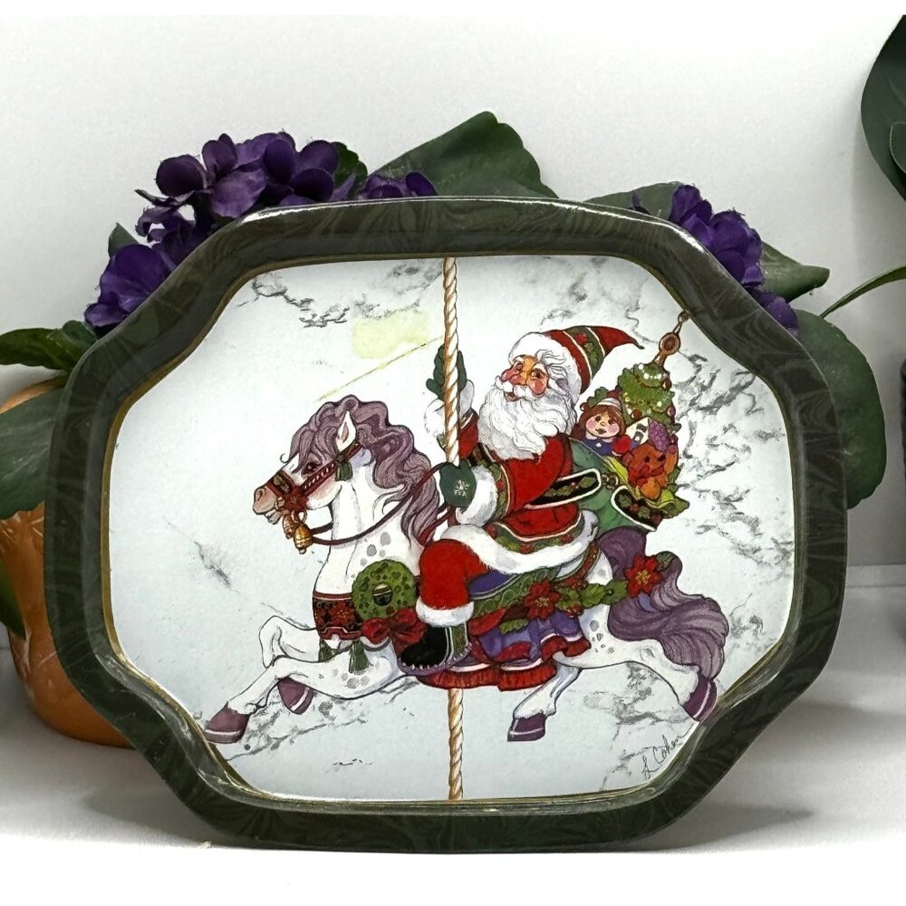 Santa Claus Carousel Horse Decorative Metal Tray With Green Marble-Like Edge